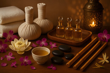 Luxury Spa Still Life with Herbal Compresses and Essential Oils