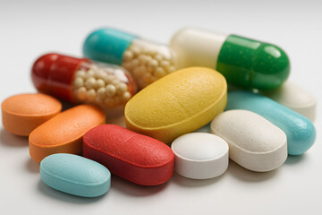 Разнообразные медицинские таблетки и капсулы на белом фоне