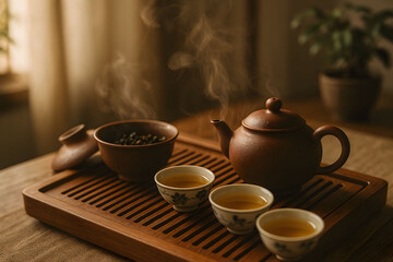 Traditional Chinese Tea Ceremony with Steaming Clay Teapot