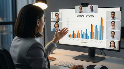 Businesswoman Presenting "Global Revenue" Chart Virtually to Diverse Remote Colleagues in an Evening Meeting high quality,4K