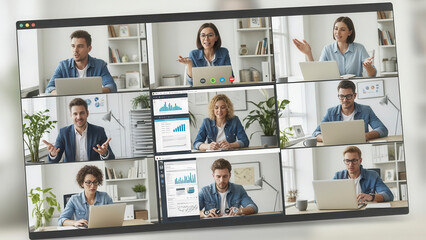 Diverse Professionals Collaborating on a Multi-Screen Video Conference Call, Working Remotely From Home Offices high quality,4K
