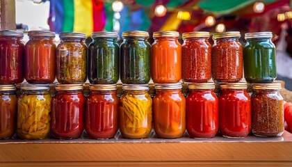 vibrant mexican market displaying colorful peppers spices and homemade sauces in glass jars