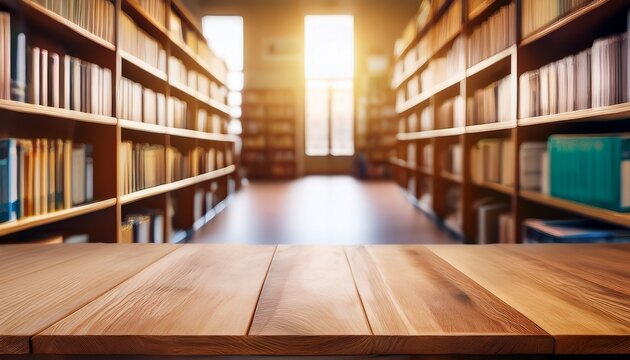 light toned wooden surface in front of a blurry well lit library