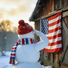 In the morning sunlight, a snowman wearing a red, white, and blue scarf is seen saluting an American flag hanging on a barn 