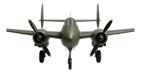 Twin-tailed propeller-driven attack aircraft with a central fuselage.