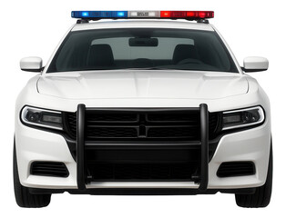 White police car featuring a blue and red light bar and front push bumper.