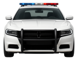 White police car featuring a blue and red light bar and front push bumper.