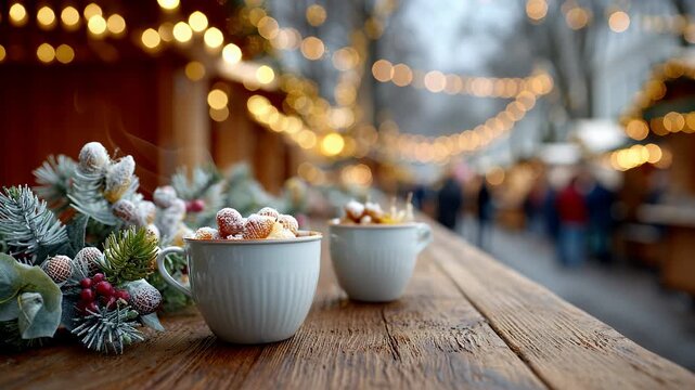 Stimmungsvoller Weihnachtsmarkt mit Lichtern, Gl&uuml;hwein und winterlicher Atmosph&auml;re