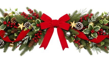 Christmas swag garland with red bow isolated on transparent background