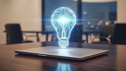 Laptop with glowing lightbulb icon above it, symbolizing digital skills and innovation.