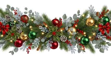 Christmas garland isolated on transparent background with ornaments and lights