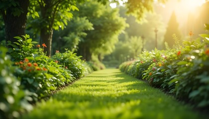 Lush green garden pathway with soft blur edges and warm light glow.”