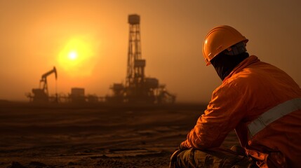 Fototapeta premium Sunset over oil rig industrial site photography desert environment wide-angle view energy production concept