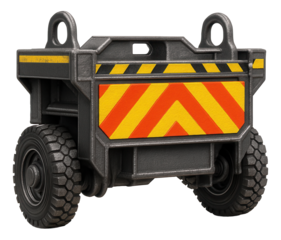 Durable rail welding vehicle with a sturdy steel frame and bright safety markings.
