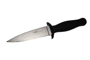 A sharp knife with a black handle placed on a clean white background
