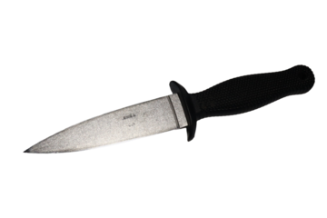 A sharp knife with a black handle placed on a clean white background