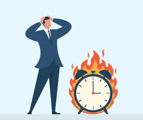 Burnout stress and urgent deadline pressure concept illustration, Stressful deadline, Time pressure, Burnout at work, Procrastination crisis, Business urgency