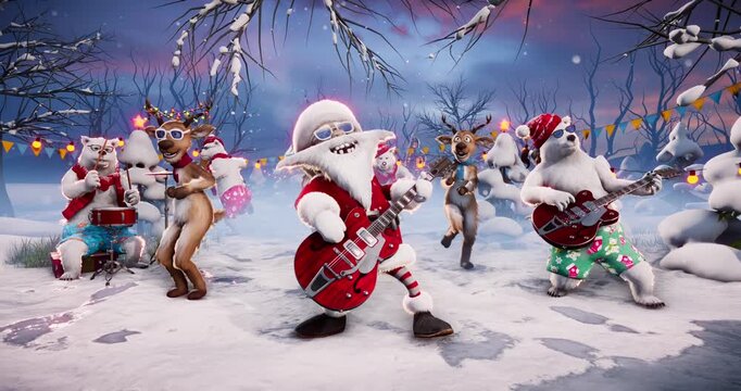 Christmas Party: Funny reindeer DJ, Santa Claus and polar bears dance on a winter holiday background. Animated video for greeting cards, festive events, and New Year&rsquo;s parties.