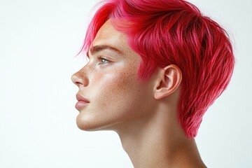 Naklejka premium A person with vibrant red hair is shown in a close-up portrait against a white background.