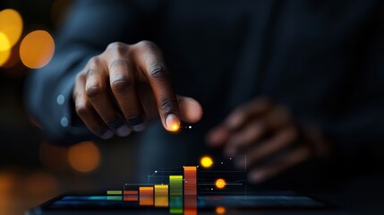 Progress Visualization: A digital illustration depicts a person's hand interacting with a glowing bar graph, symbolizing growth and data analysis.