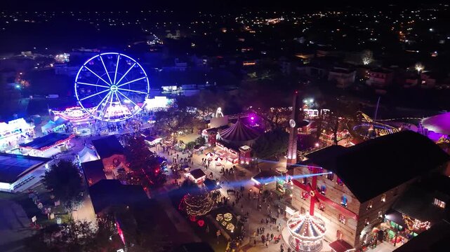 Drone aerial view of the famous Mill of the Elves Christmas village in Trikala, Greece