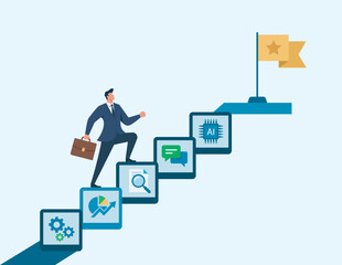 Business professional climbing data, analytics, communication, AI and innovation steps toward a strategic goal flag in a flat vector success concept illustration