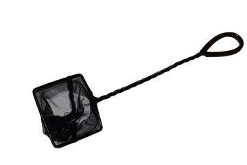 A small black net with a handle on a white background, ideal for use in still life or product photography