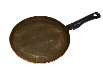 A close-up of a frying pan with a handle on a white surface, suitable for food or kitchen-related compositions