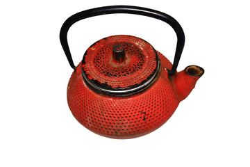 A classic tea kettle with a bold red body and a contrasting black handle, ready for use