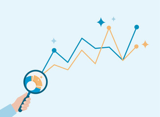 Data Growth Analytics Concept, Magnifying Glass Insight, Rising Line Graph Trend, Business Performance Monitoring, Statistical Data Visualization, Modern Flat Vector Design