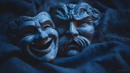 Fototapeta premium Comedy tragedy masks on dark background. Drama masks, happy sad masks human emotion. Two classic theatrical masks of comedy and tragedy. Thalia, muse of comedy, Melpomene, muse of tragedy. 