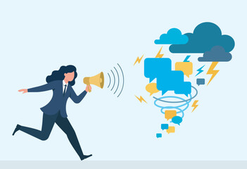 Crisis Communication Storm – businesswoman with megaphone managing chaotic messages, social media reactions, and negative feedback during an online reputation crisis, Crisis Communication