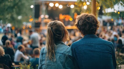 Couple enjoying a live music performance at an outdoor festival surrounded by an enthusiastic crowd in the evening