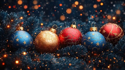 A collection of glittering Christmas ornaments sits atop pine needles, creating a festive holiday scene with bokeh lights.