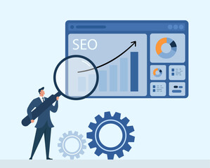 SEO analytics illustration showing a business professional analyzing website performance data on a dashboard with growth charts, graphs and optimization gears, SEO analysis, Website performance