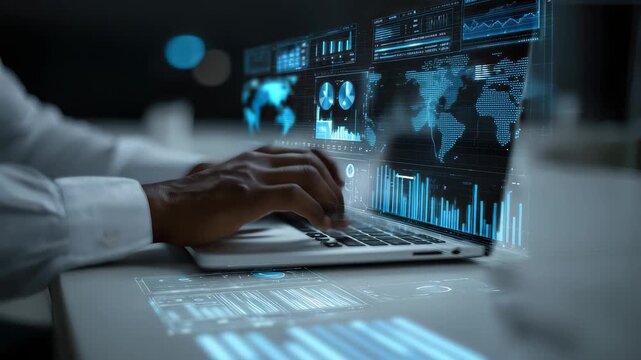 Data scientist programming on laptop while analyzing complex data visualizations at night in a modern workspace