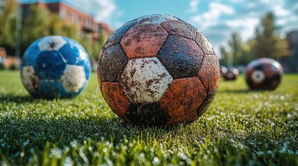 A weathered soccer ball sits on a green field under a bright blue sky.