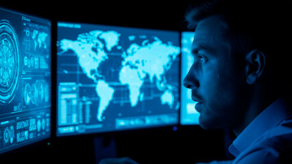 Man Analyzing Global Data on Multiple Computer Screens in Dark Room