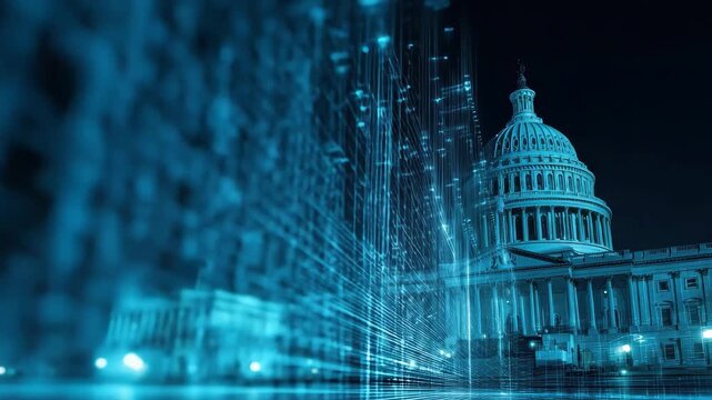 Futuristic depiction of a government building with a focus on financial data visualization in a vibrant night setting