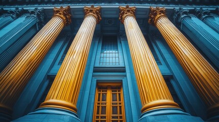 A building features tall columns and a golden entrance door, showcasing intricate architectural details.