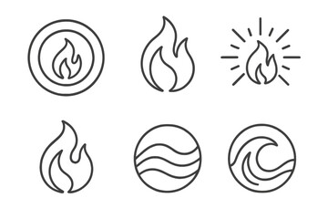 Transparent Flame Icons. Line style vector icons of Transparent Flame: luminous rings, curved fire, glowing beams, glass texture,