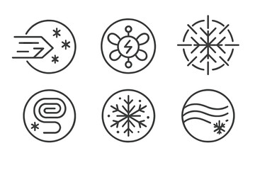 Glacial Voltage Icons. Line style round vector icons of Glacial Voltage: ice beam, magnetic node, radiant frost, frozen coil,