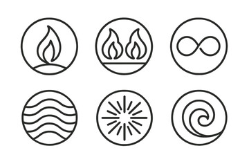 Eternal Parallel Lights. Line style round vector icons of Eternal Lights: endless flame, twin glow, luminous loop, radiant beam,