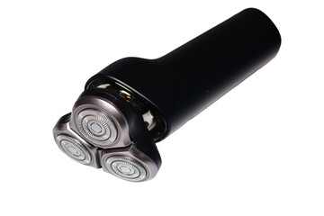 Close-up shot of an electric shaver on a white background, ideal for product display or instructional purposes