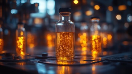 A clear glass bottle contains a golden liquid, illuminated by warm orange and yellow lights, likely in a bar or nightclub.