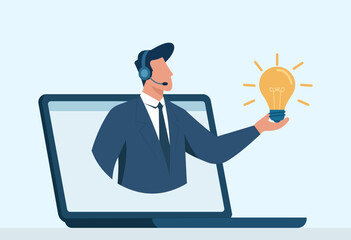 Online customer support agent sharing bright business idea through virtual assistance, remote tech help, and innovative communication on a laptop screen