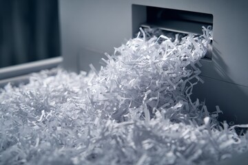 Close up of white shredded paper coming out of a paper shredder machine for document security and recycling