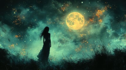 Fototapeta premium A person's silhouette is positioned within a field beneath a luminous moon, accentuated by stars and glittering particles in a dark expanse.