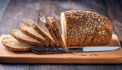 sliced bread with seeds arranged on a wooden board knife on the side close up