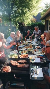 A diverse group of friends enjoying a summer barbecue in a lush garden, vertical 9:16 cinematic shot of outdoor dining and laughter, ideal for lifestyle reels and cherished memories themes.